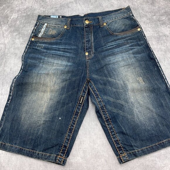 Parish Shorts Men 36W x 14L Blue Stonewash Button Fly Leather High Rise Denim - Picture 4 of 14